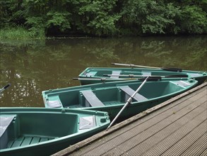 Green boats on a wooden jetty on a quiet river with trees in the background, green rowing boats on
