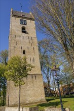 Historic brick tower with clock, surrounded by trees, under blue sky in spring, historic houses in
