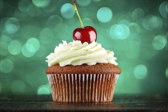 Cupcake with a swirl of vanilla frosting atop a delicate cherry against green background, AI