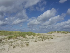 Wide sand dunes under blue sky and clouds, peaceful atmosphere, lonely beach with dune grass in the