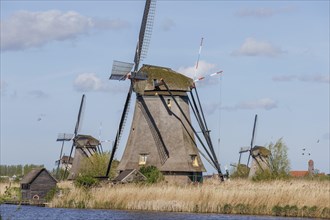 Windmills and a shed next to a body of water, surrounded by reeds under a cloudy sky, many historic