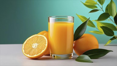 A glass of orange juice, whole and halved oranges, green leaves, in front of a blue-green