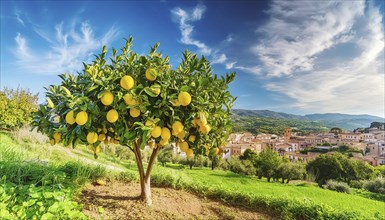 Lemon tree with ripe fruit in a Mediterranean landscape AI generated, AI generated