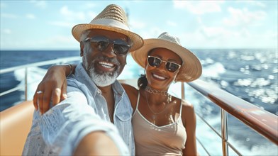 Happy african american senior couple taking A selfie on the deck of their luxury cruise ship.