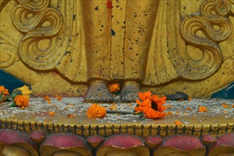 A scattering of raw rice grains and marigold flowers at the feet of a golden Hindu statue as a