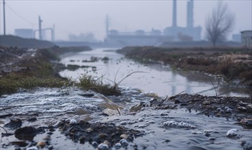 Polluted river flowing through an industrialized area AI generated