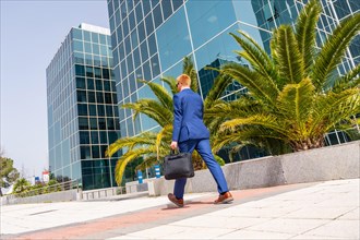 Horizontal full length photo of the rear view of a businessman walking holding a laptop bag along a
