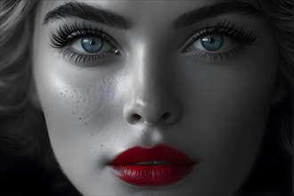 Monochromatic close up fashion portrait with blue eyes and red lips, AI generated