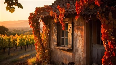 Close up of a rustic vineyard cottage nestled in a canopy of vines leaves showcasing autumns color