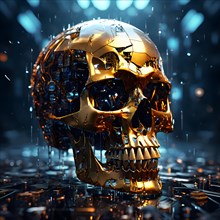 Broken skull with a cascade of binary digits forming a tidal wave stream, AI generated
