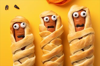 Funny mummy Halloween sausages, AI generated
