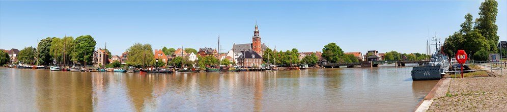 Museum harbour, town hall, navy ship, Leer, East Frisia, Germany, Europe