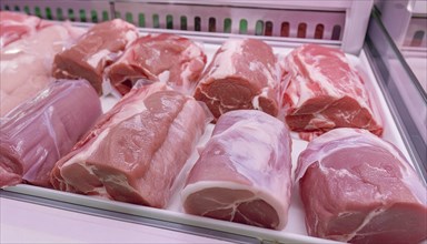 Meat in the refrigerated counter of a butcher's shop, AI generated, AI generated