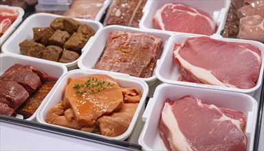 Meat, raw pork, schnitzel and steak, marinated and seasoned, in a display in a butcher's shop, AI