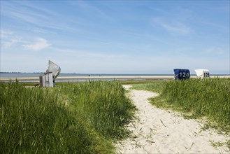 Beach chairs on the sandy beach, Hooksiel, Wangerland, East Frisia, Lower Saxony, Germany, Europe