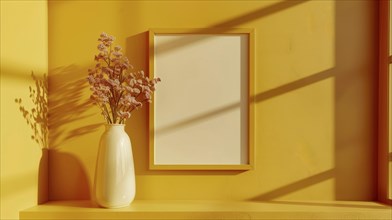 Frame on a yellow wall with a vase of flowers next to it, in bright sunlight with shadows, AI
