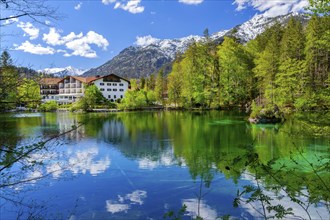 Spring at Lake Badersee with Hotel am Badersee, Zugspitzdorf Grainau, Werdenfelser Land, Bavarian