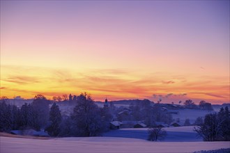 Sunset in winter near Thanning Upper Bavaria, Bavaria, Germany, Europe