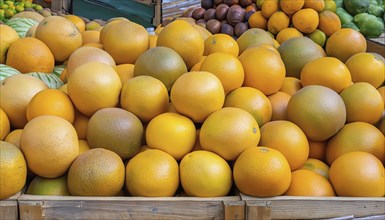 Fresh grapefruit in different varieties and colours, presented for sale in wooden crates at a