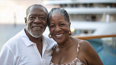 Happy african american senior couple portrait in front of their luxury cruise ship. generative AI,