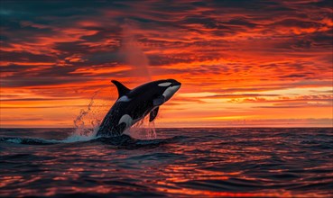 A breaching orca whale captured in mid-air against a vibrant sunset sky AI generated