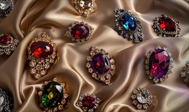 A captivating photograph showcasing a collection of vibrant gemstone brooches arranged on a