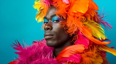 A transgender LGBTQ man wearing a colorful feathery costume with blue, yellow, and red feathers, AI