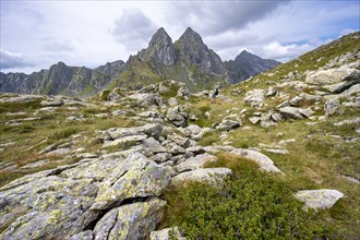 Mountaineer on a hiking trail at a saddle, pointed rocky mountain peaks Letterspitze and Steinwand