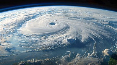 A hurricane is spinning in the ocean. Damage and devastations caused by hurricanes and climate