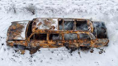 A burnt out rusty car lying in a snowy landscape, viewed from above, AI generated
