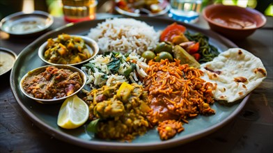 A colorful array of Indian curries and rice dishes presented on a large platter, AI generated