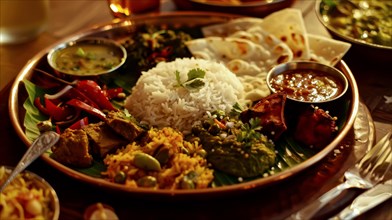 A cozy traditional Indian dinner with mixed curries and rice under warm lighting, AI generated