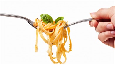 Fork twirling pasta with tomato sauce and a basil leaf, representing simple Italian cuisine, AI