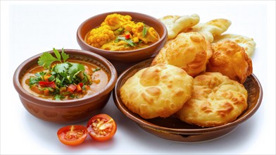Traditional Indian thali with curries and puffed puri bread, AI generated