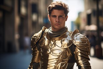 Young knight in golden shiny armor, AI generated