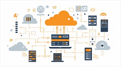 Flat design infographic of cloud computing with various technology icons and devices, AI generated
