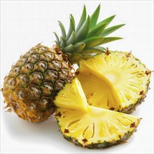A fresh pineapple with green leaves and juicy, yellow slices on display, AI generated