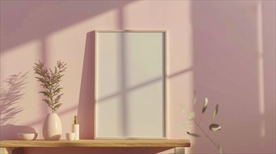 Empty frame on a table with a vase and plant against a pink wall, AI generated