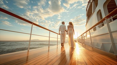 Happy senior couple taking a relaxing stroll on the deck of their luxury cruise ship. generative