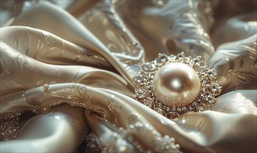 A pearl brooch adorned with sparkling crystals resting on a smooth satin material background AI