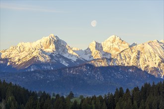 Allgaeu Alps, view from Hegratsrieder See, snow, dawn, moon, Allgaeu, Bavaria, Germany, Europe