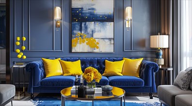 A blue couch with yellow pillows sits in front of a yellow wall. Modern luxury interior design, AI