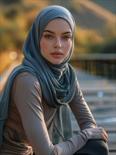 Elegant woman wearing a grey hijab, in a beautifully lit portrait, AI generated