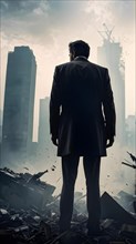 Silhouette of a businessman against a backdrop double exposure that reveals a destroyed cityscape,