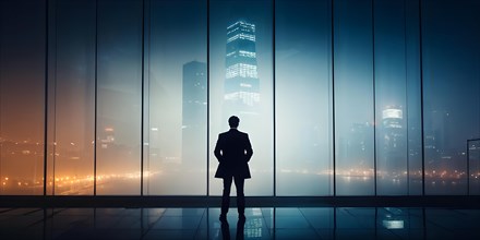 Silhouette of a businessman against a backdrop double exposure that reveals a destroyed cityscape,