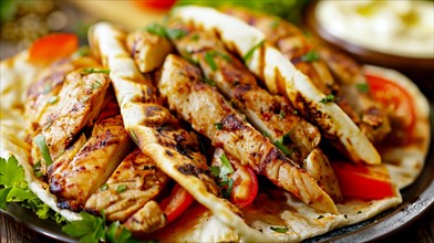 Chicken gyro with tomatoes and tzatziki in pita bread on a plate, AI generated