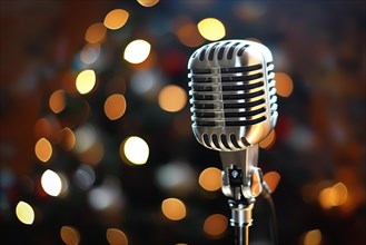 Microphone on a microphone stand with a blurry coloful background, AI generated