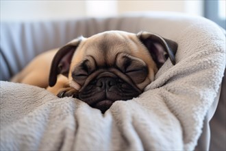 Pug dog sleeping in cozy bed, AI generated