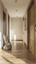 A hallway with a wooden door and a vase with feather grass in it. AI generated