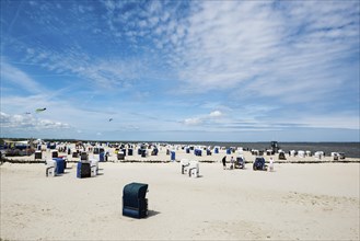 Beach chairs on the sandy beach, Harlesiel, Carolinensiel, East Frisia, Lower Saxony, Germany,